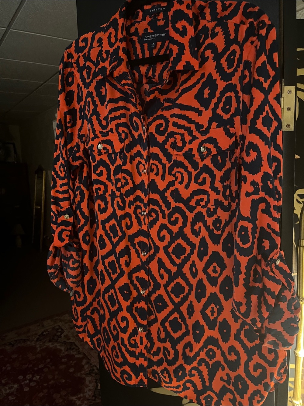 Jones New York Orange and Navy Abstract Print Button-Down Shirt